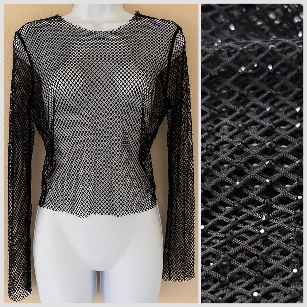 Windsor Fishnet Sheer Top S Black Rhinestone Rave Whimsigoth Fairy Grunge Sheer